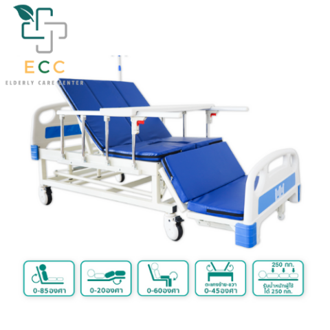 เตียงผู้ป่วยมือหมุน ECC พร้อมเบาะนอนสีน้ำเงิน โต๊ะคร่อมเตียง และไอคอนฟังก์ชันการใช้งาน 5 ฟังก์ชัน